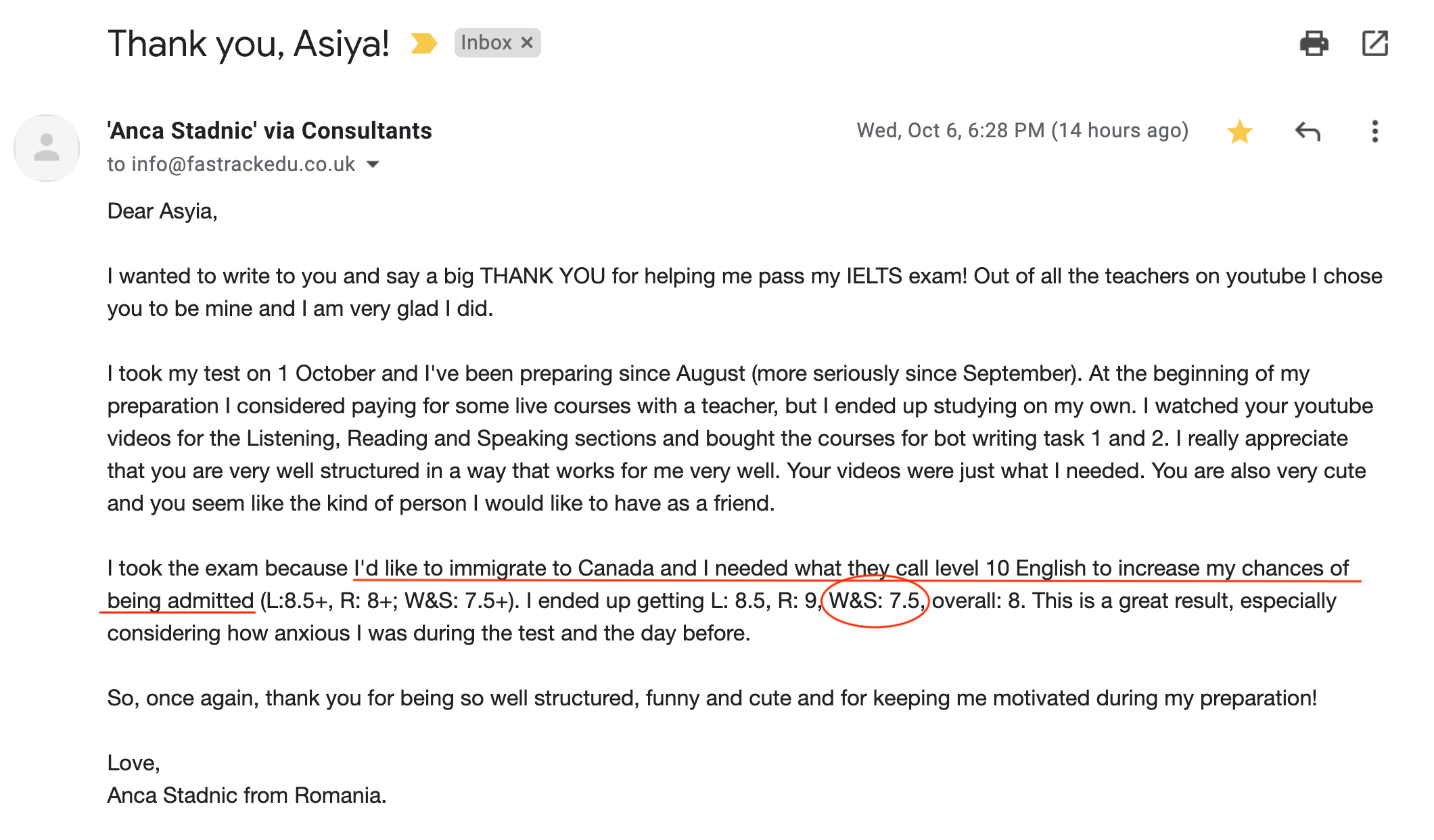 Anca - 7.5 in Writing ang Speaking