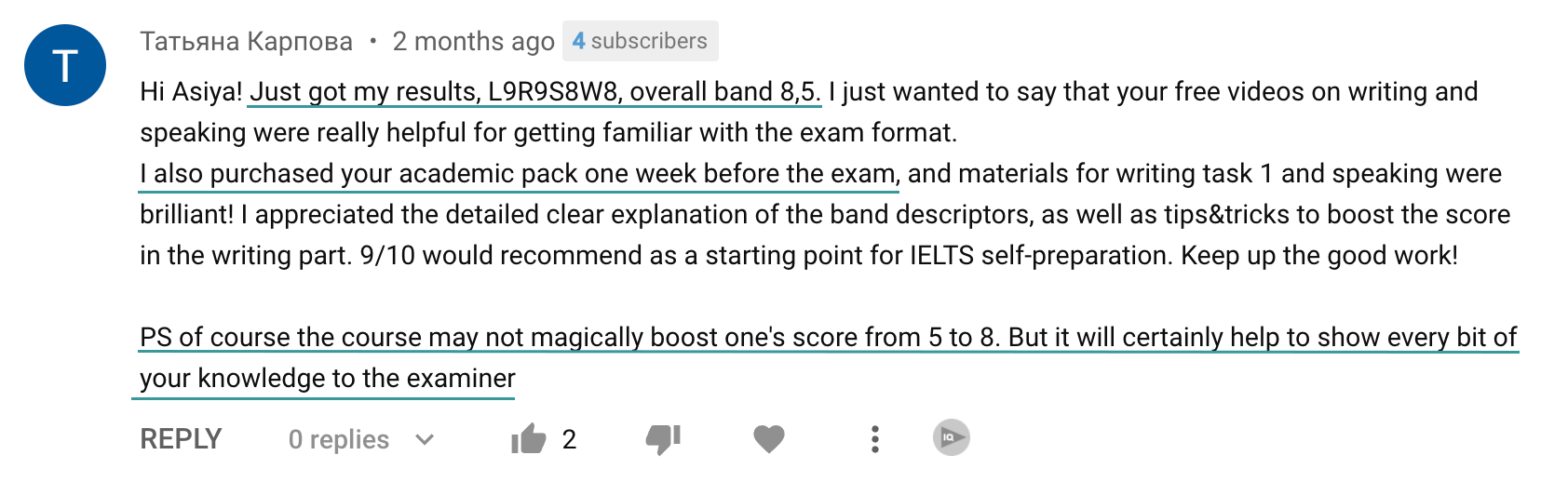 Tatiana Band 8.5 Overall