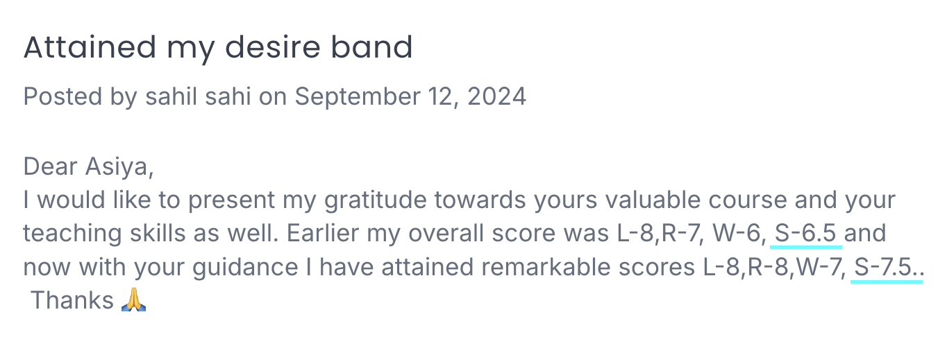 Sahil Band 7.5 in Speaking